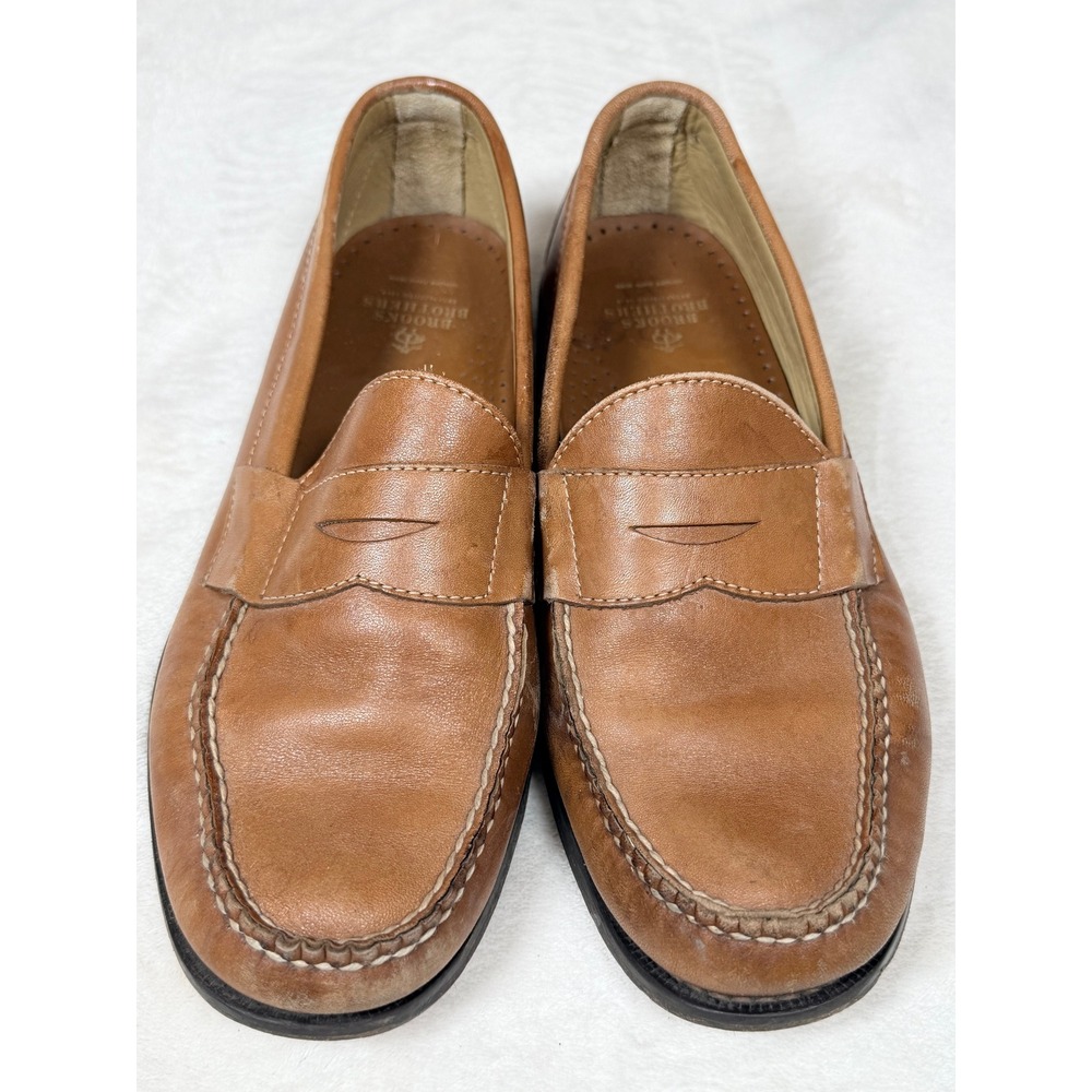 Brooks Brothers Mens Penny Loafers 9.5 D Tan Leather Hand Sewn Slip On Shoes